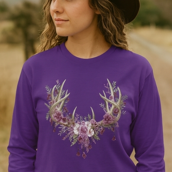 Country Life Boutique Tops - Purple Antler Floral Graphic Western Shirt | Rustic Cowgirl Long Sleeve | Boho